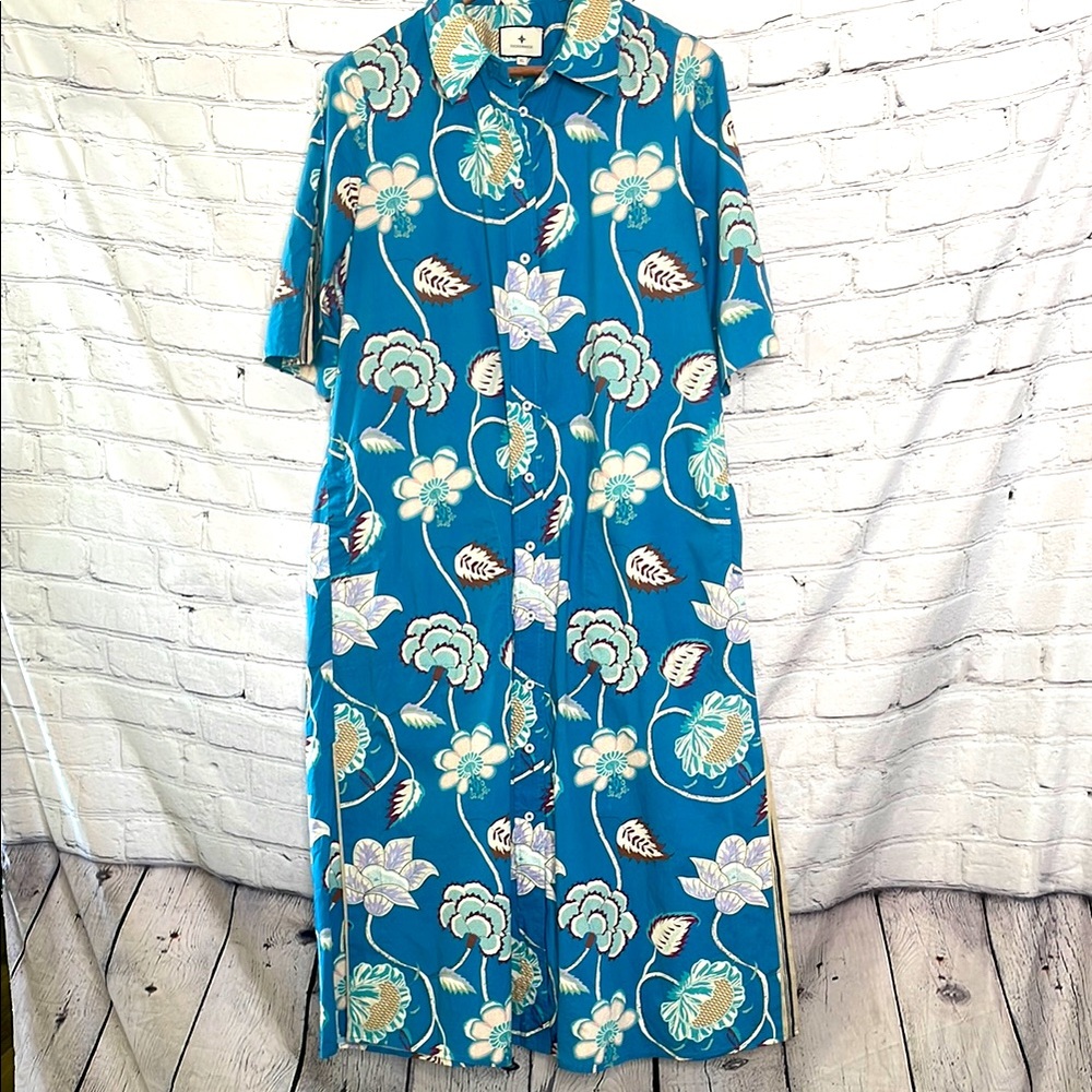Tuckernuck Blue Floral Short Sleeve Button Down Collared Maxi Dress Size X-Large